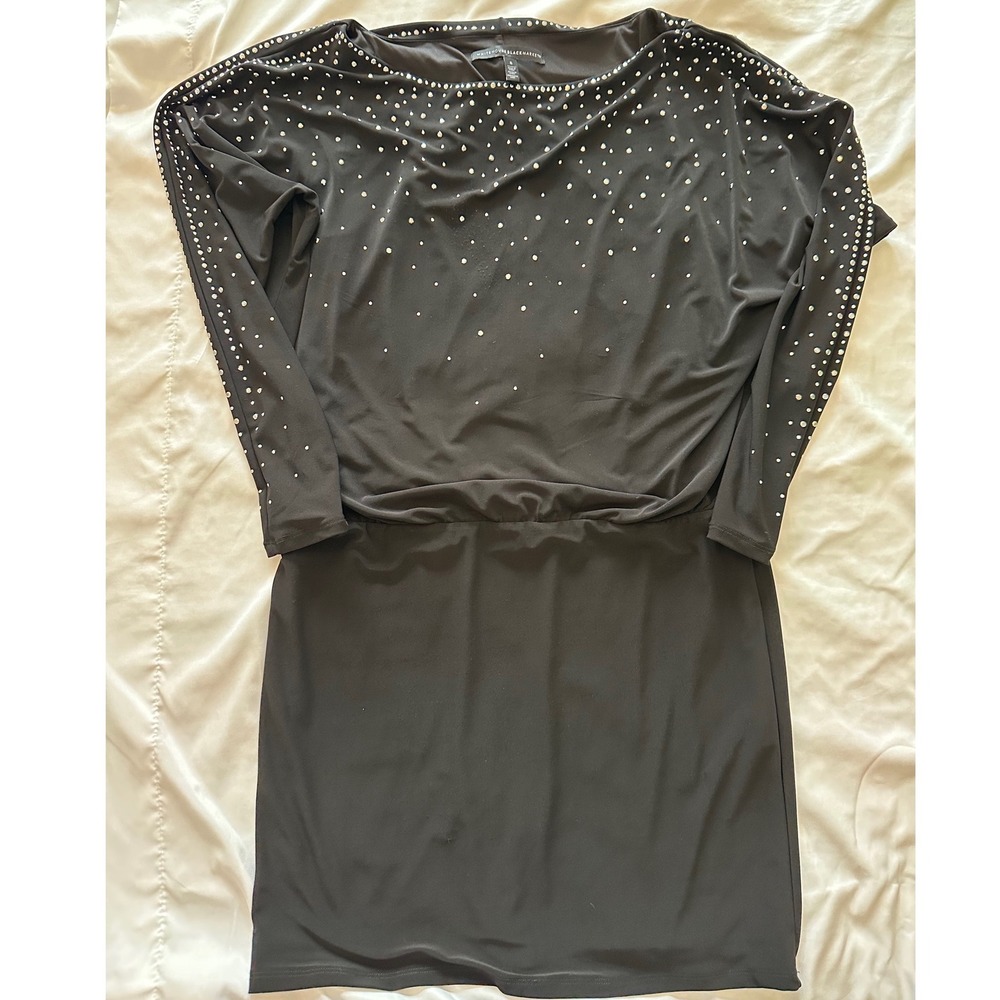 White House Black Market Black Rhinestone Blouson Dress Long Sleeve Small